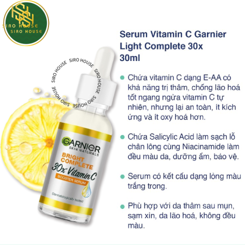 Tinh chất tăng cường sáng da mờ thâm Garnier Light Complete 30x Vitamin C Booster Serum 30ml