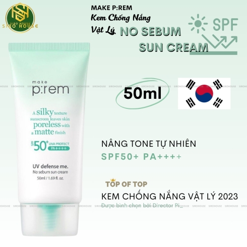 [No box] Kem chống nắng MAKE P:REM Uv Defense Me No Sebum Sun Cream SPF 50+ PA++++ 40mL (Xanh lá)