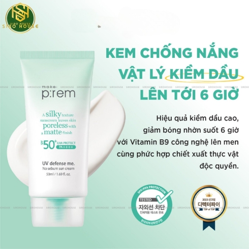 [No box] Kem chống nắng MAKE P:REM Uv Defense Me No Sebum Sun Cream SPF 50+ PA++++ 40mL (Xanh lá)