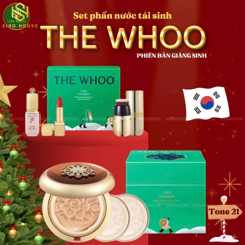 Set phấn nước tái sinh THE WHOO Radiant Essence Cushion SPF50+PA+++ No.21 + Highlight + Cọ + Son No.24 Red Orange