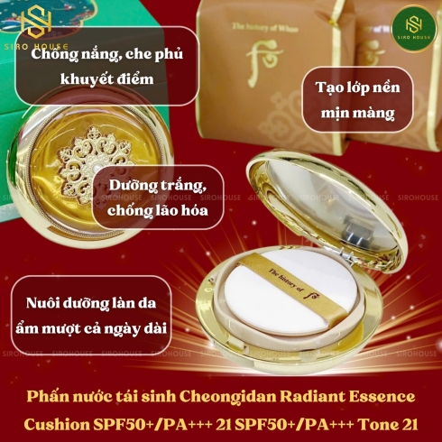 Set phấn nước tái sinh THE WHOO Radiant Essence Cushion SPF50+PA+++ No.21 + Highlight + Cọ + Son No.24 Red Orange